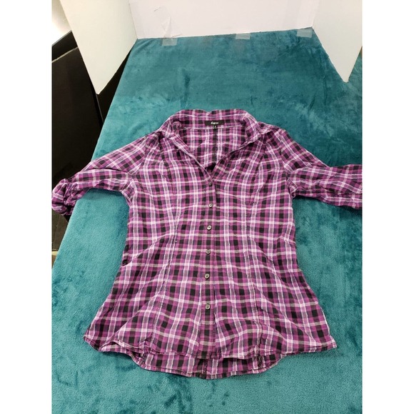 Express Womens Purple/Pink Plaid Rolled Tab Sleeves Size Small Metallic Accent - Picture 1 of 8